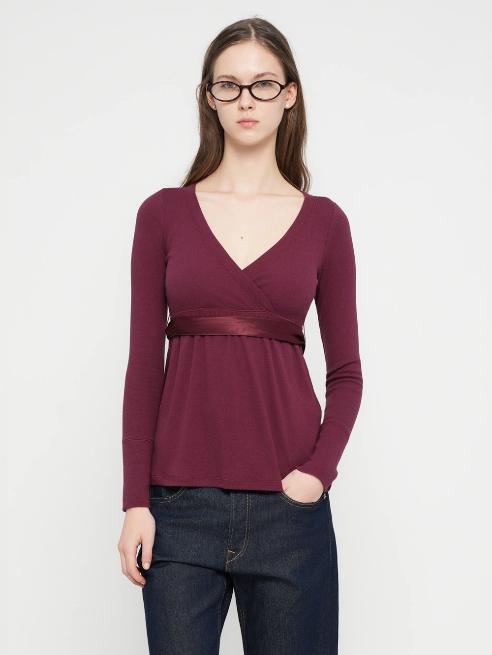 Hollister Y2K style babydoll faux wrap top in burgundy size small